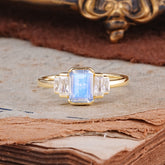 Emerald Cut Baguette Side Stones Moonstone Engagement Ring